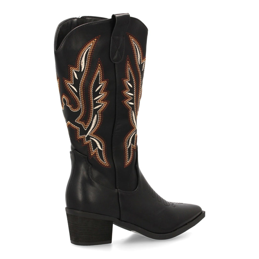 Botas Cowboy con Caña Alta y Bordado Multicolor - Negro