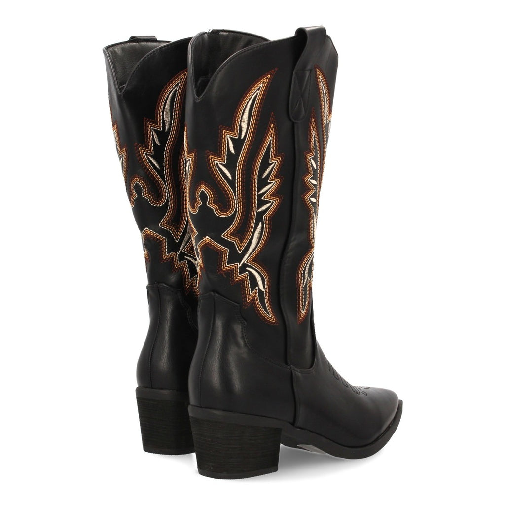 Botas Cowboy con Caña Alta y Bordado Multicolor - Negro