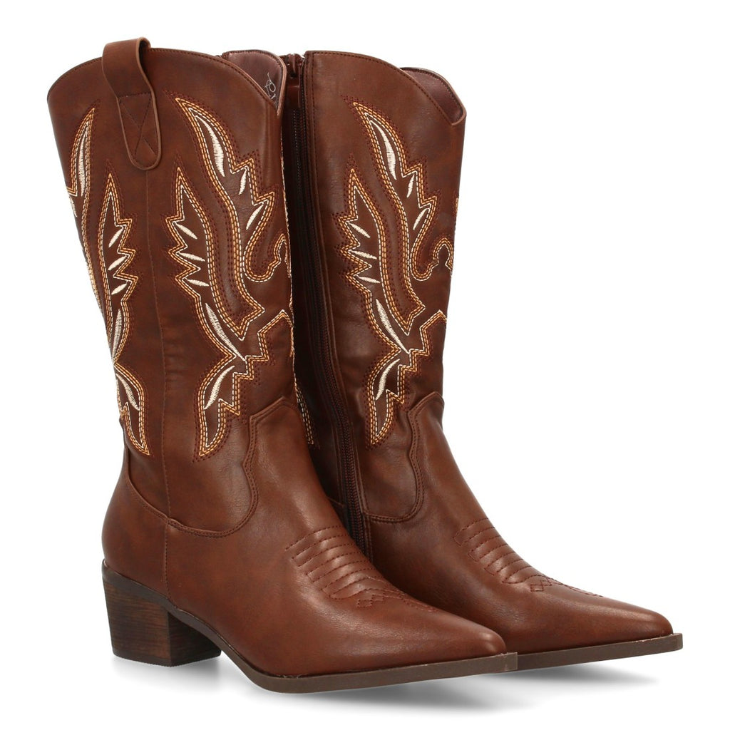 Botas Cowboy con Caña Alta y Bordado Multicolor - Marrón
