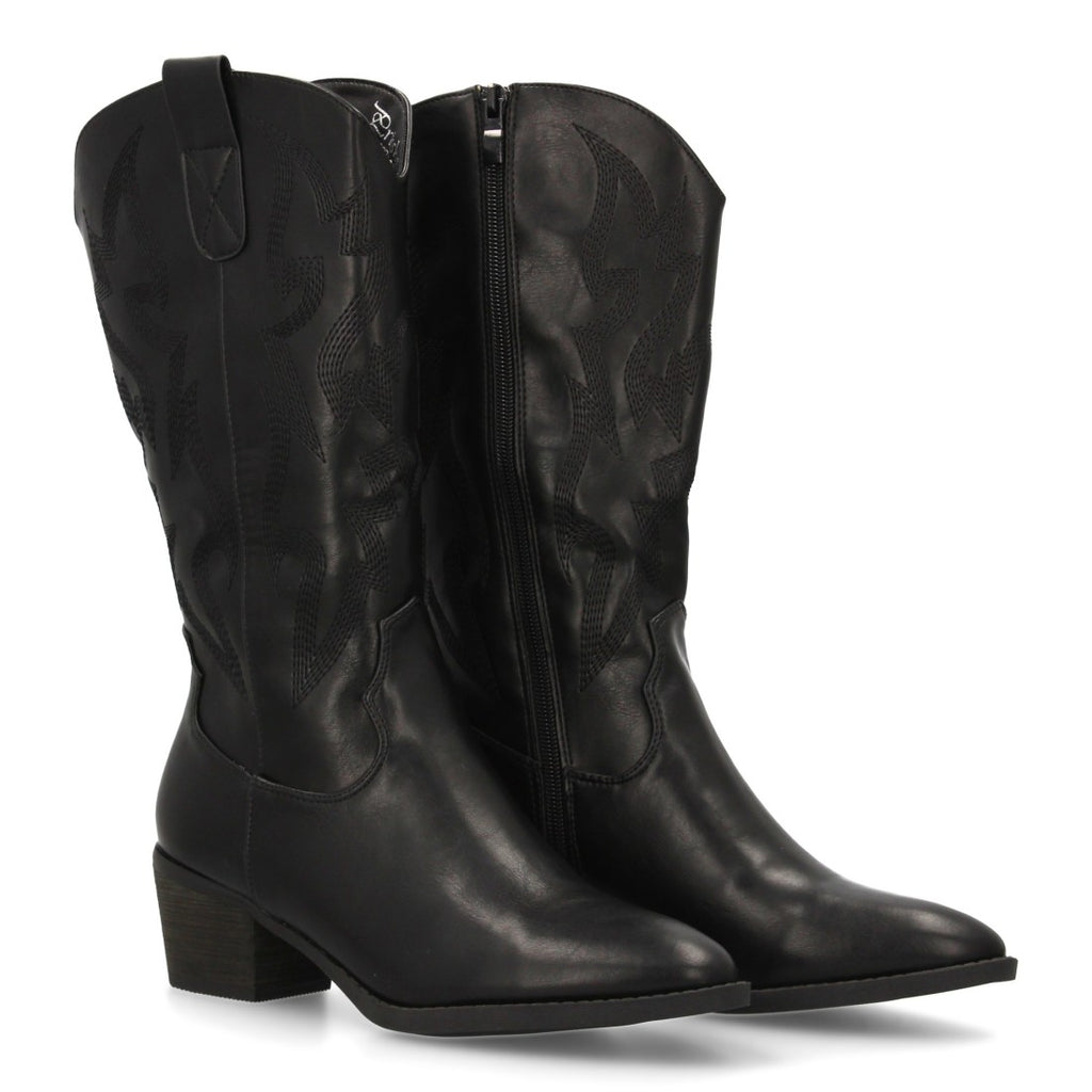 Botas Cowboy con Bordado y Tacón Ancho - Negro