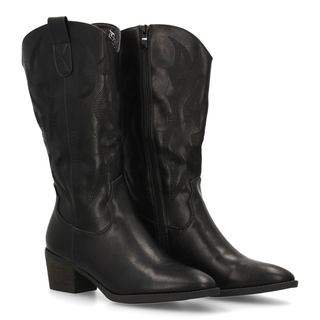 Botas Cowboy con Bordado y Tacón Ancho - Negro