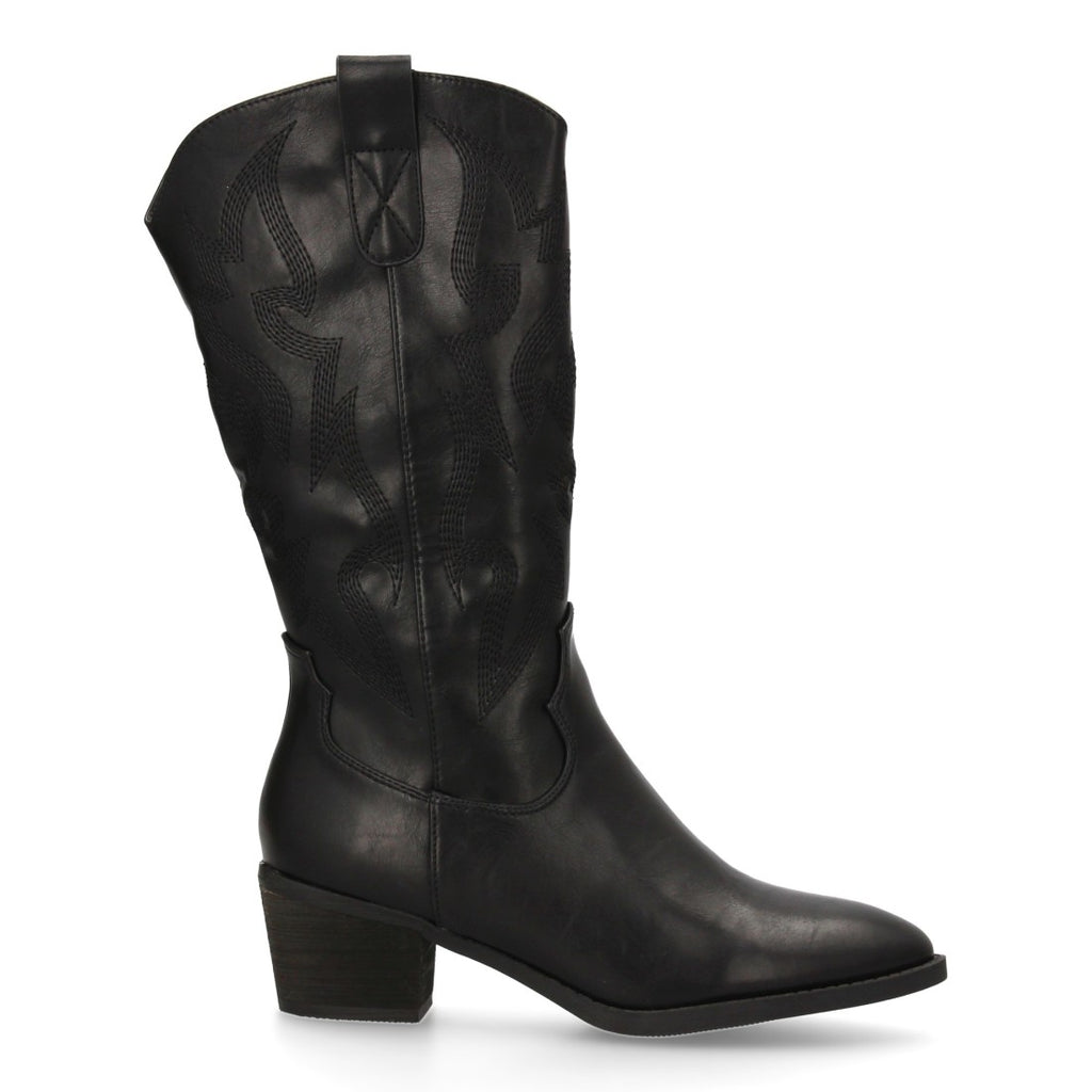 Botas Cowboy con Bordado y Tacón Ancho - Negro
