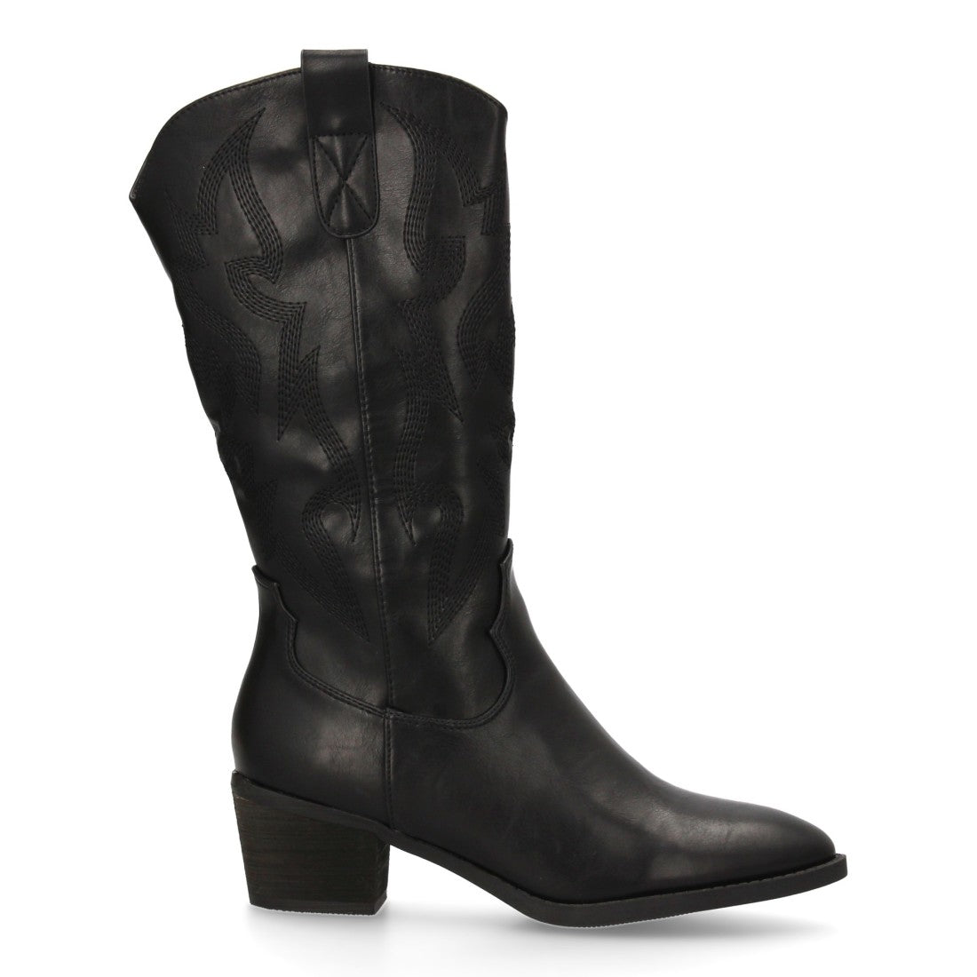 Botas Cowboy con Bordado y Tacón Ancho - Negro