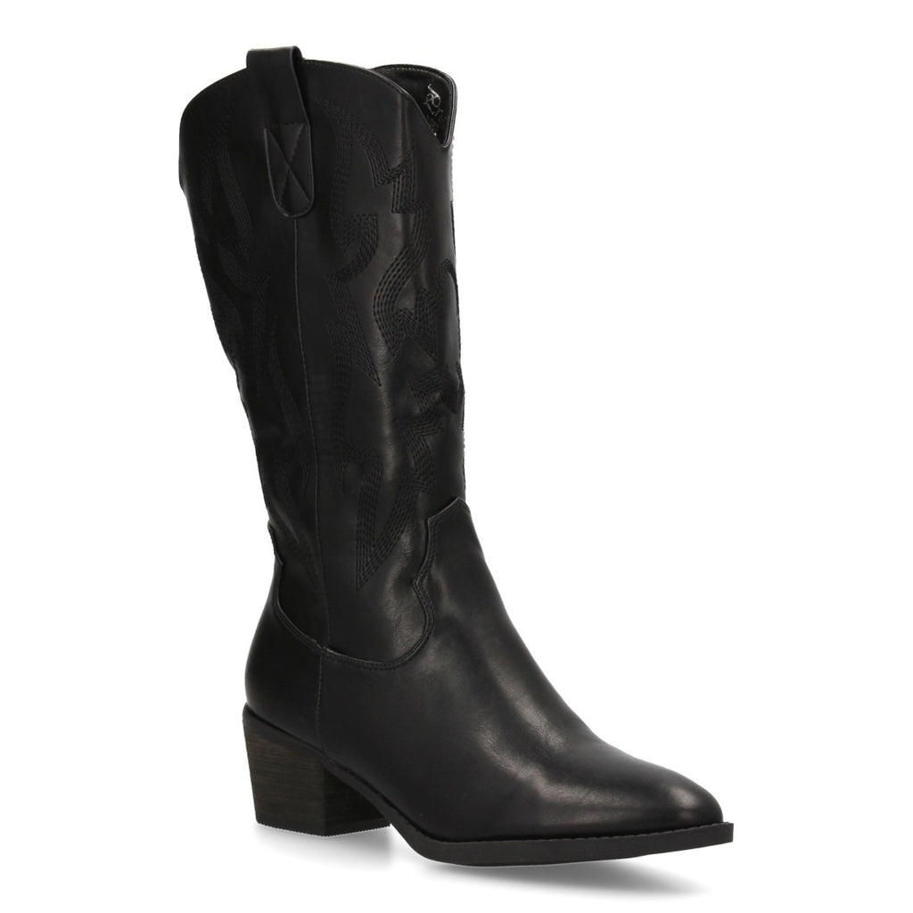 Botas Cowboy con Bordado y Tacón Ancho - Negro