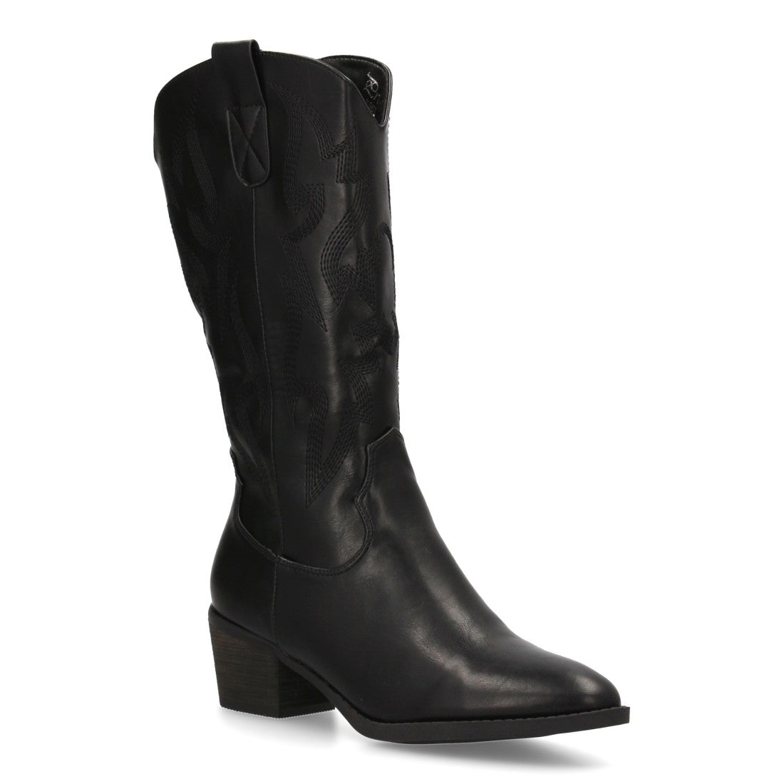 Botas Cowboy con Bordado y Tacón Ancho - Negro