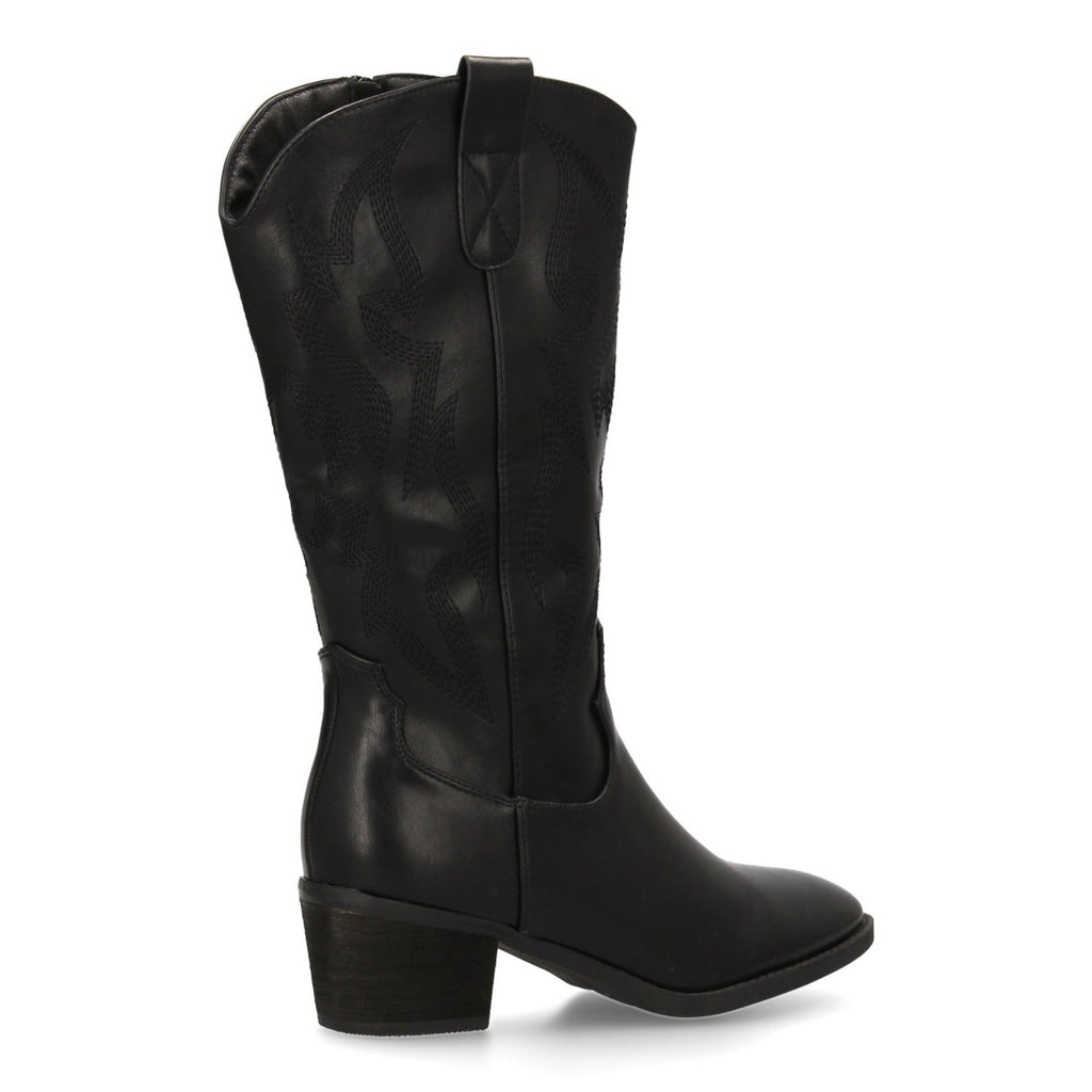 Botas Cowboy con Bordado y Tacón Ancho - Negro