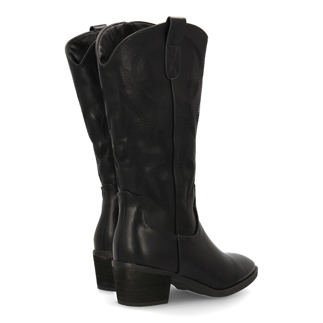 Botas Cowboy con Bordado y Tacón Ancho - Negro