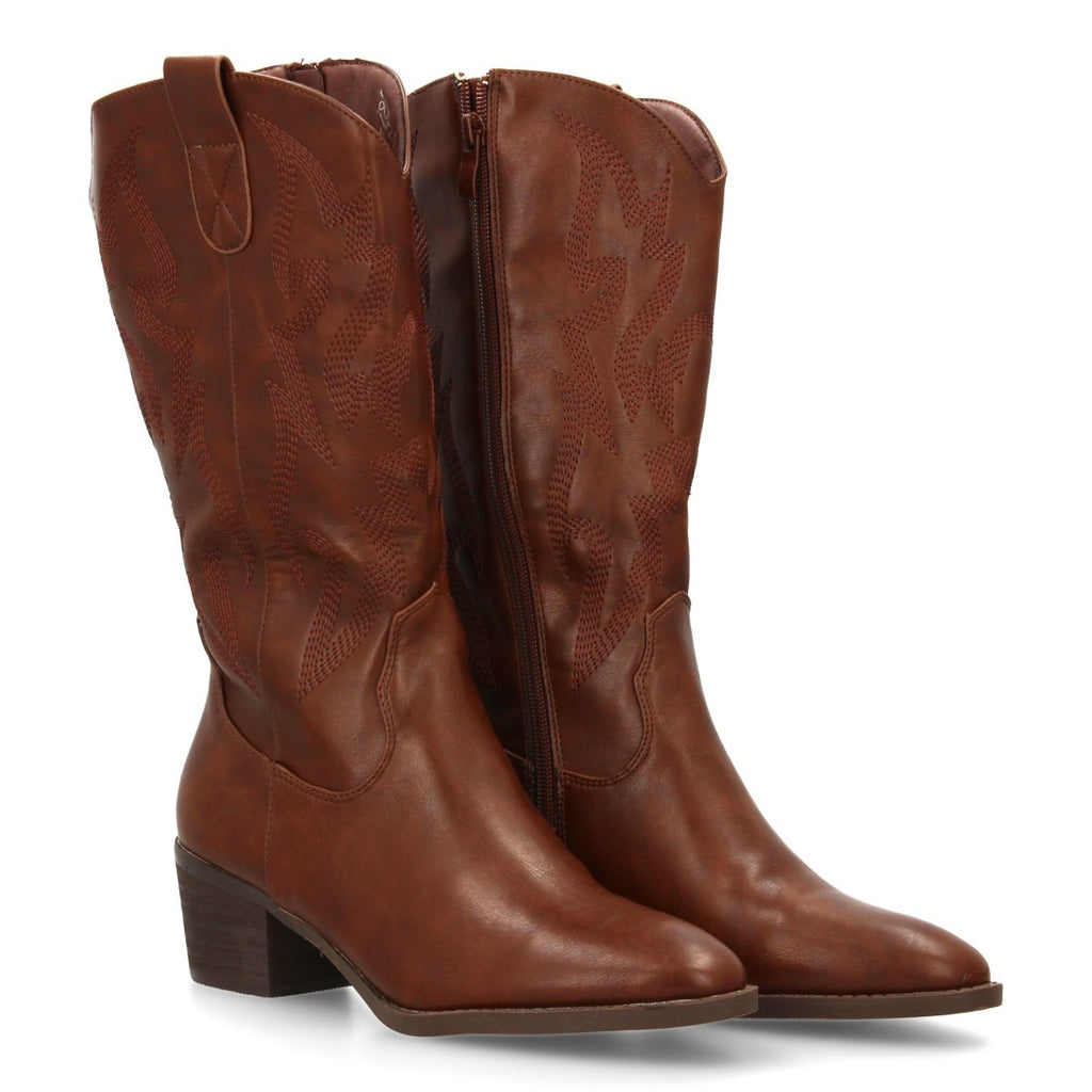 Botas Cowboy con Bordado y Tacón Ancho - Marrón