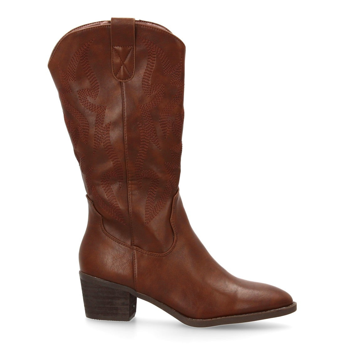 Botas Cowboy con Bordado y Tacón Ancho - Marrón