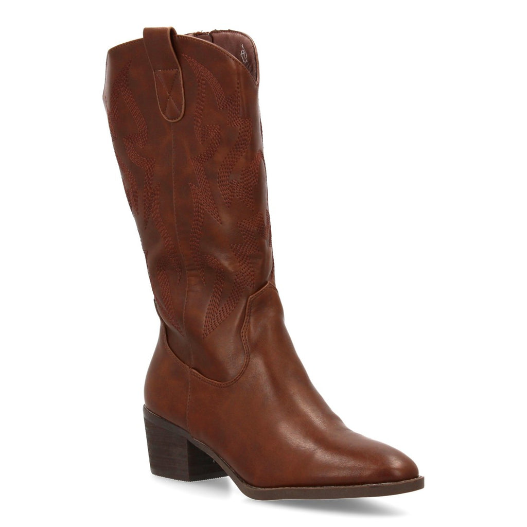 Botas Cowboy con Bordado y Tacón Ancho - Marrón