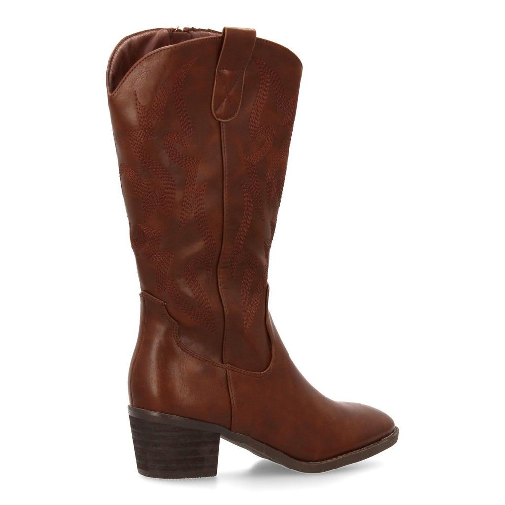 Botas Cowboy con Bordado y Tacón Ancho - Marrón