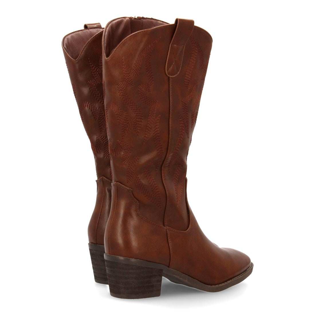 Botas Cowboy con Bordado y Tacón Ancho - Marrón