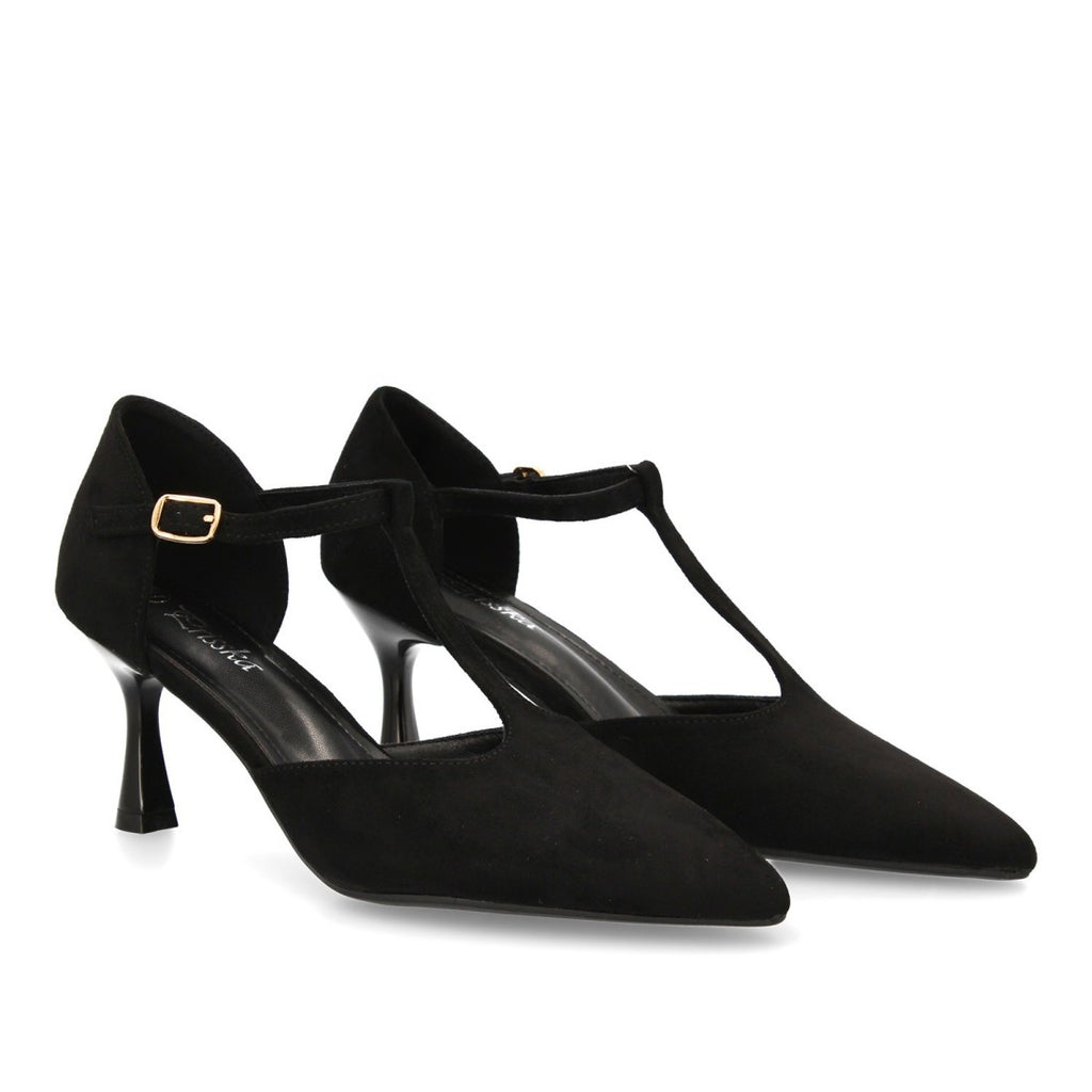 Zapatos Negros Mujer Tacón Medio Tira T Salón Elegantes