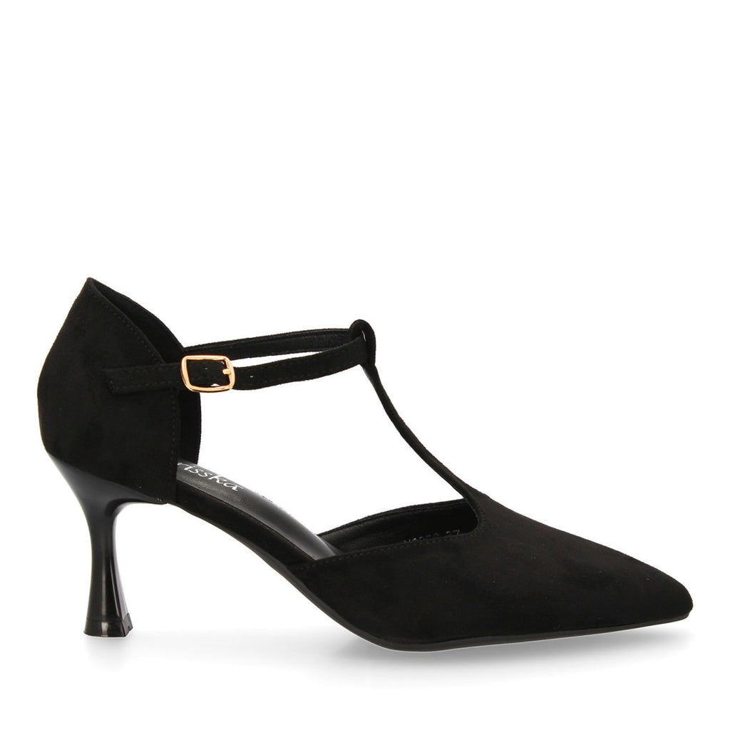 Zapatos Negros Mujer Tacón Medio Tira T Salón Elegantes