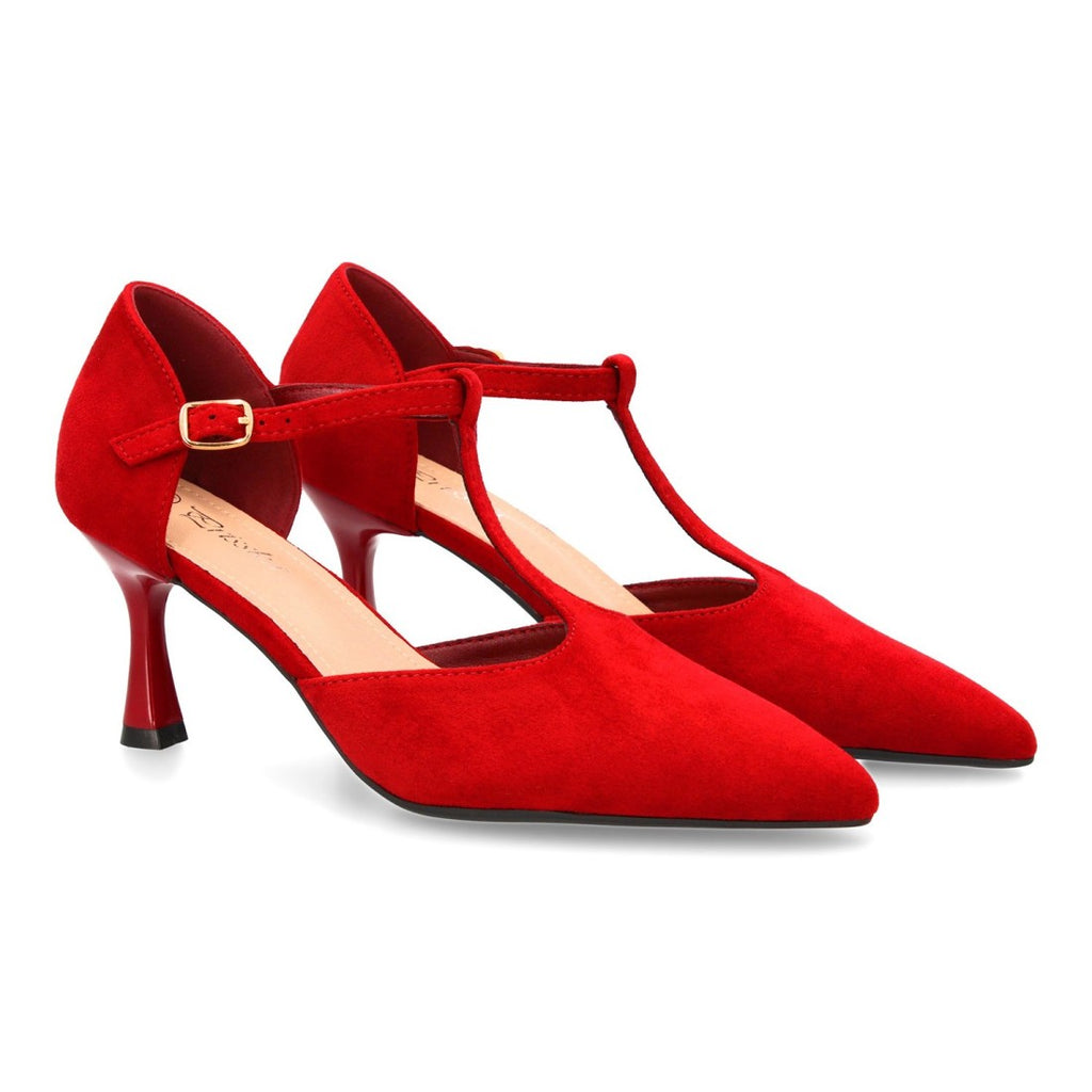 Zapatos Burdeos Mujer Tacón Medio Tira T Salón Elegantes
