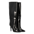 Schwarze Overknee-Stiefel aus Lackleder mit Absätzen und spitzer Zehenpartie