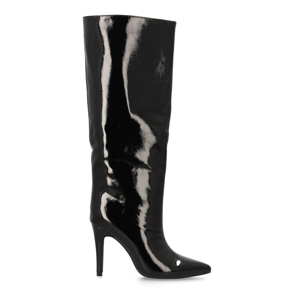 Schwarze Overknee-Stiefel aus Lackleder mit Absätzen und spitzer Zehenpartie