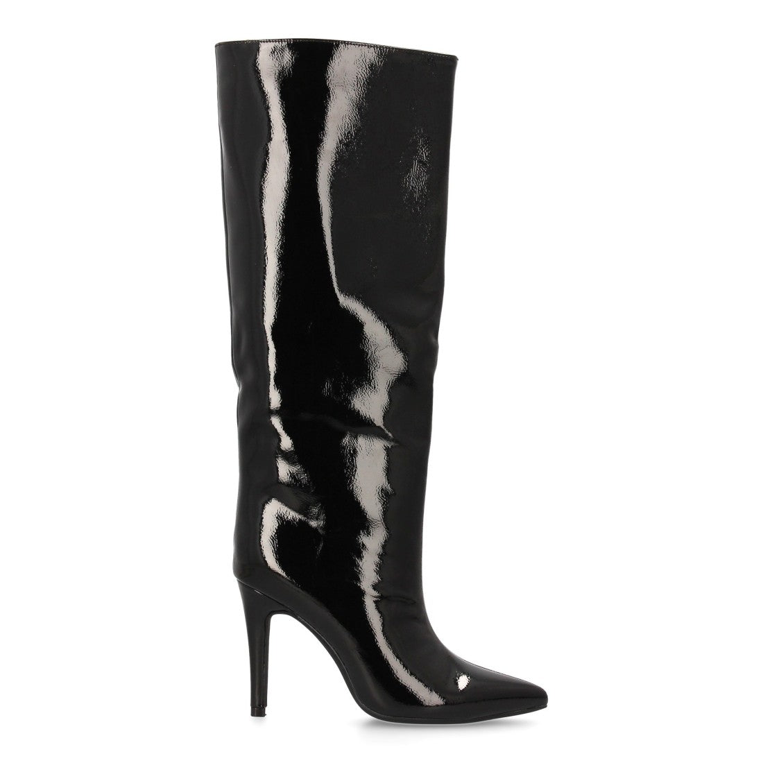 Schwarze Overknee-Stiefel aus Lackleder mit Absätzen und spitzer Zehenpartie