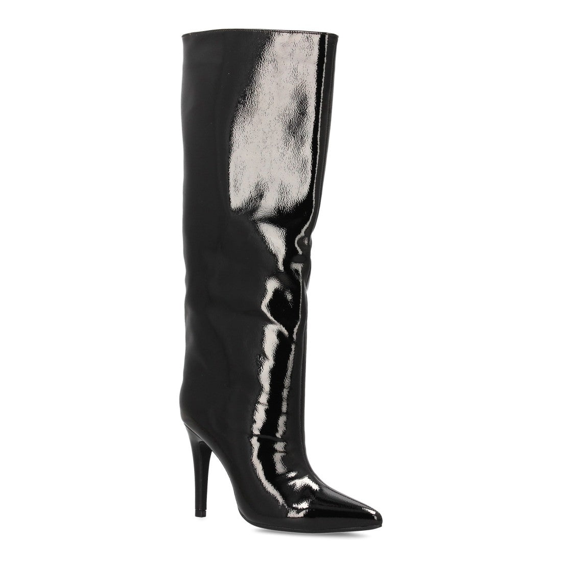 Schwarze Overknee-Stiefel aus Lackleder mit Absätzen und spitzer Zehenpartie