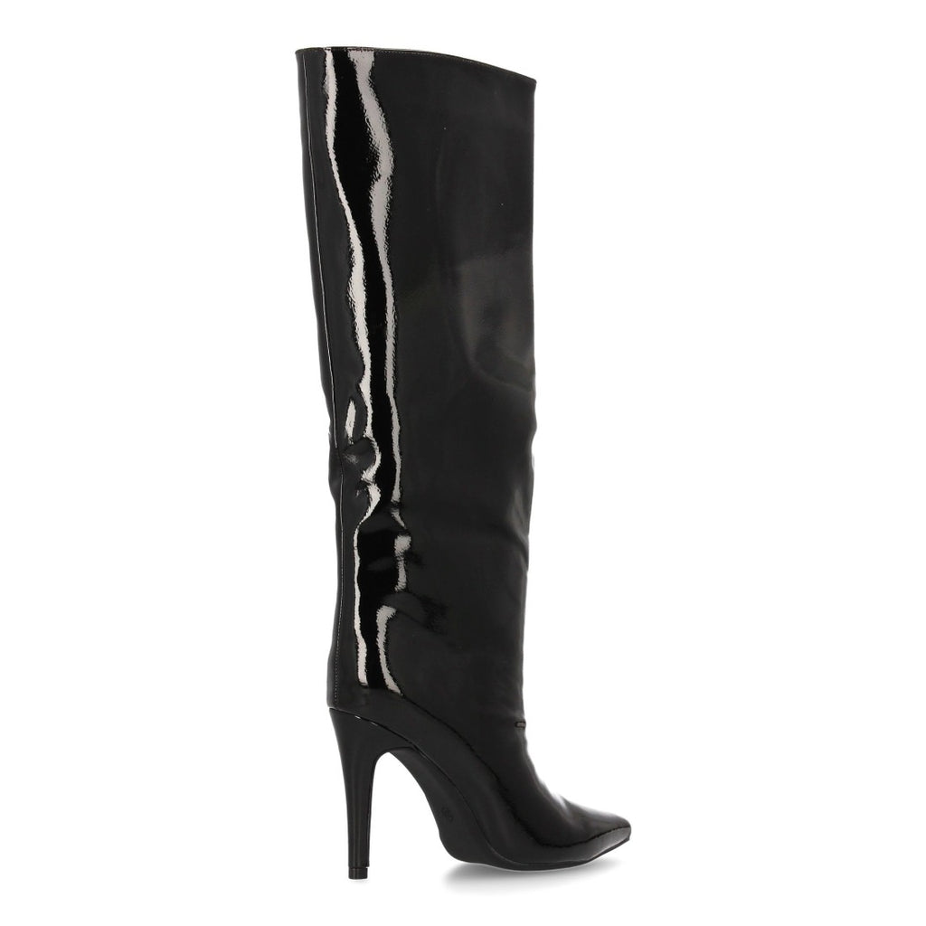 Schwarze Overknee-Stiefel aus Lackleder mit Absätzen und spitzer Zehenpartie