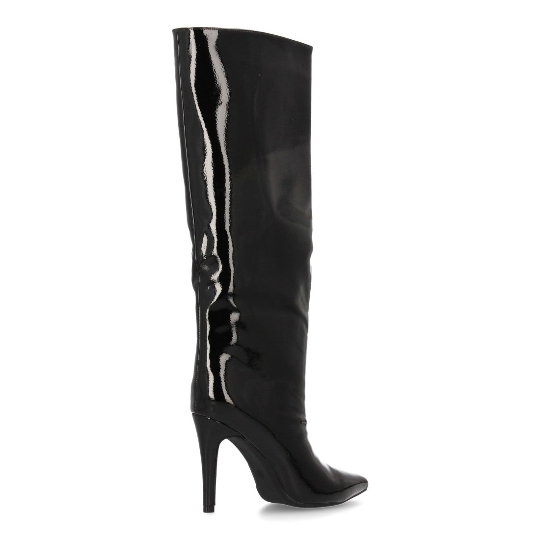 Schwarze Overknee-Stiefel aus Lackleder mit Absätzen und spitzer Zehenpartie