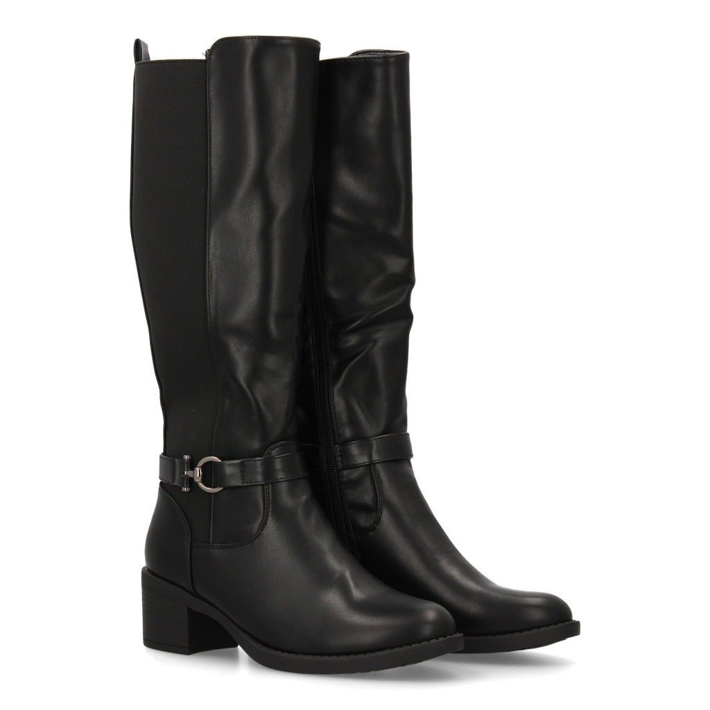 Schwarze Stiefel, Absatz, Schnalle, elastischer Schaft