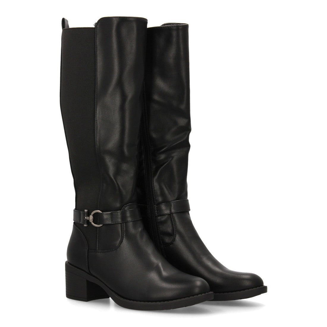 Schwarze Stiefel, Absatz, Schnalle, elastischer Schaft