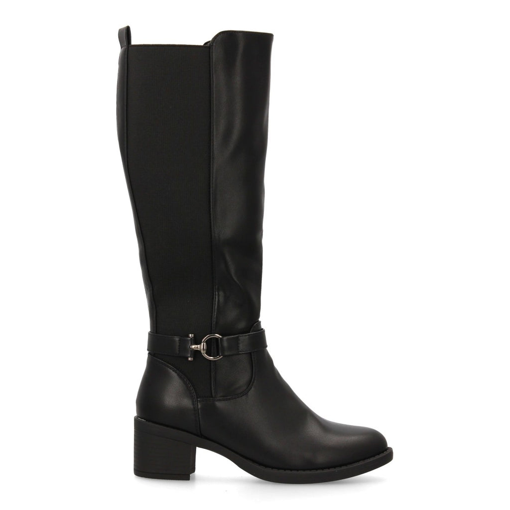 Schwarze Stiefel, Absatz, Schnalle, elastischer Schaft
