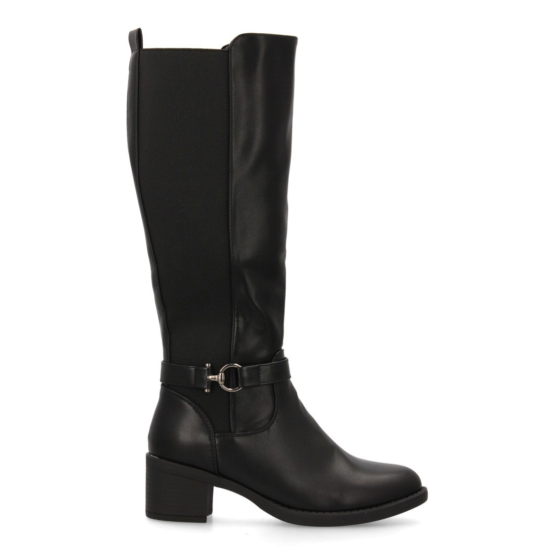 Schwarze Stiefel, Absatz, Schnalle, elastischer Schaft