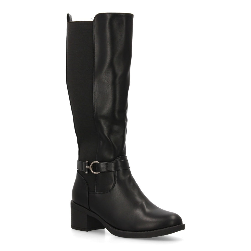 Schwarze Stiefel, Absatz, Schnalle, elastischer Schaft