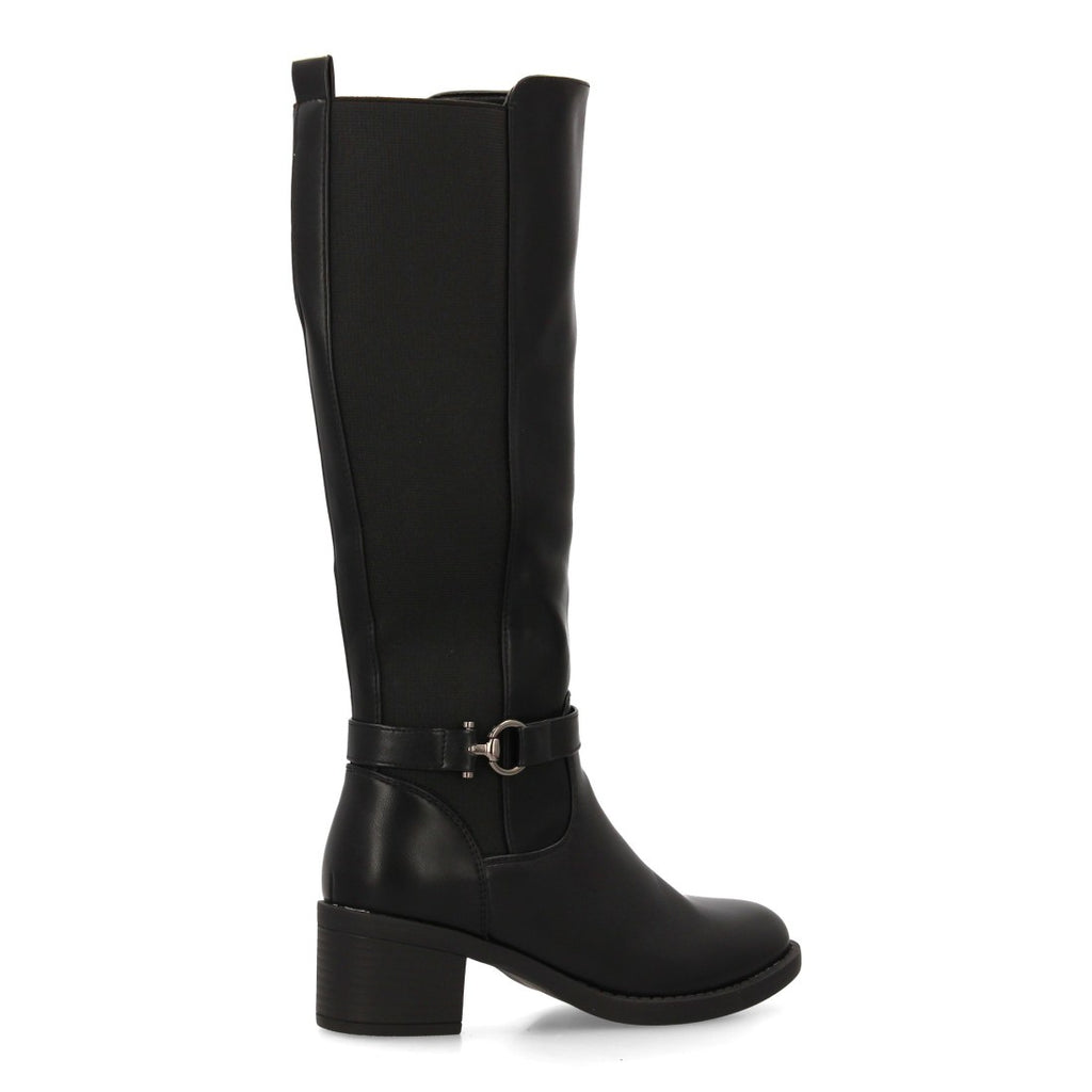 Schwarze Stiefel, Absatz, Schnalle, elastischer Schaft