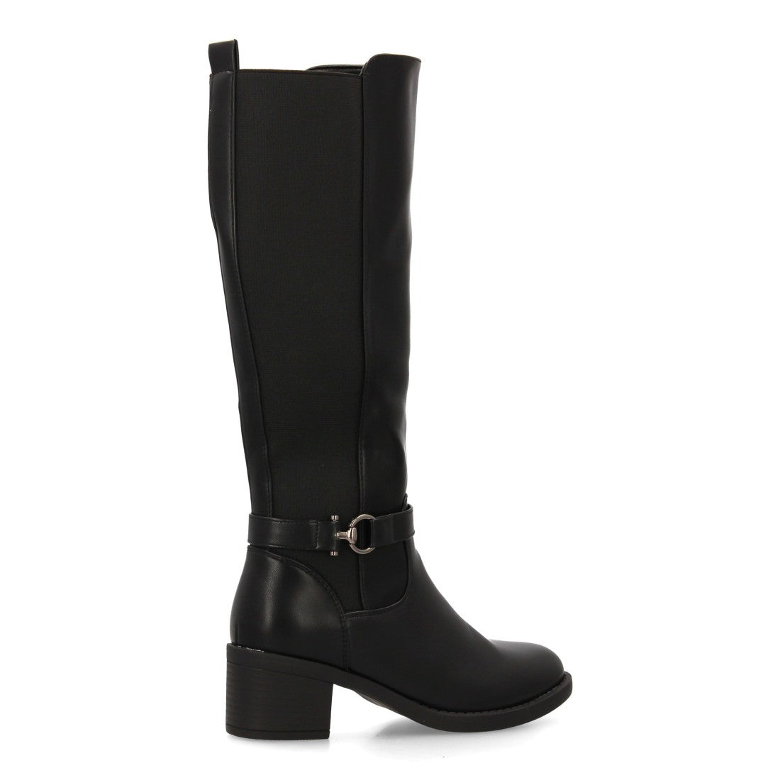 Schwarze Stiefel, Absatz, Schnalle, elastischer Schaft