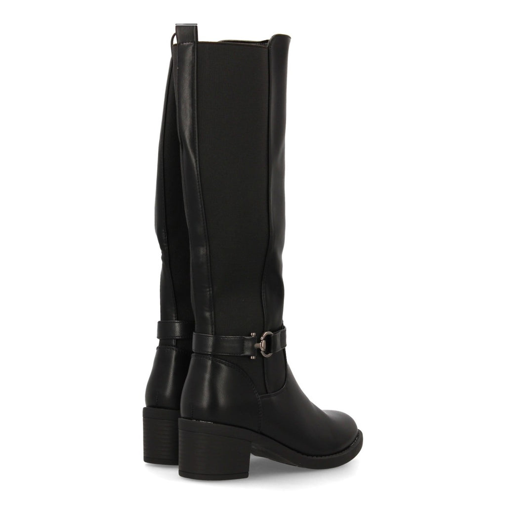 Schwarze Stiefel, Absatz, Schnalle, elastischer Schaft