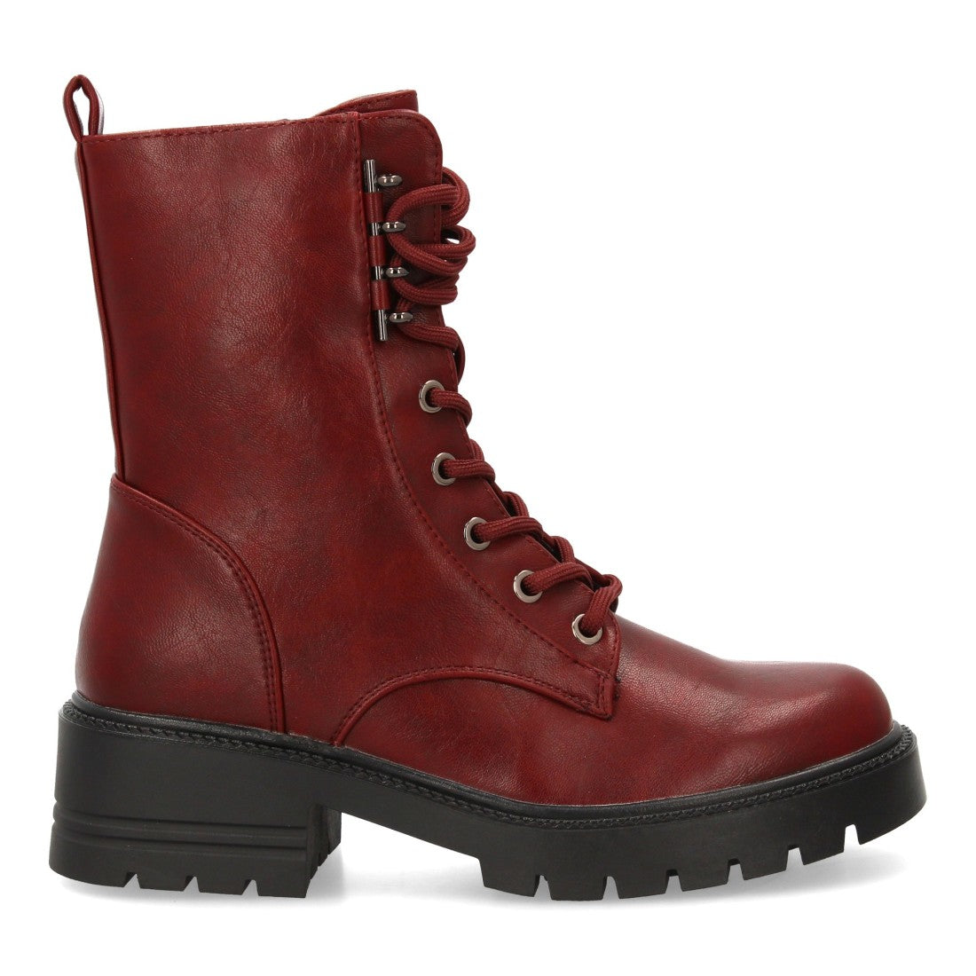 Bordeauxfarbene Militärstiefel mit Schnürsenkeln und dicker Sohle