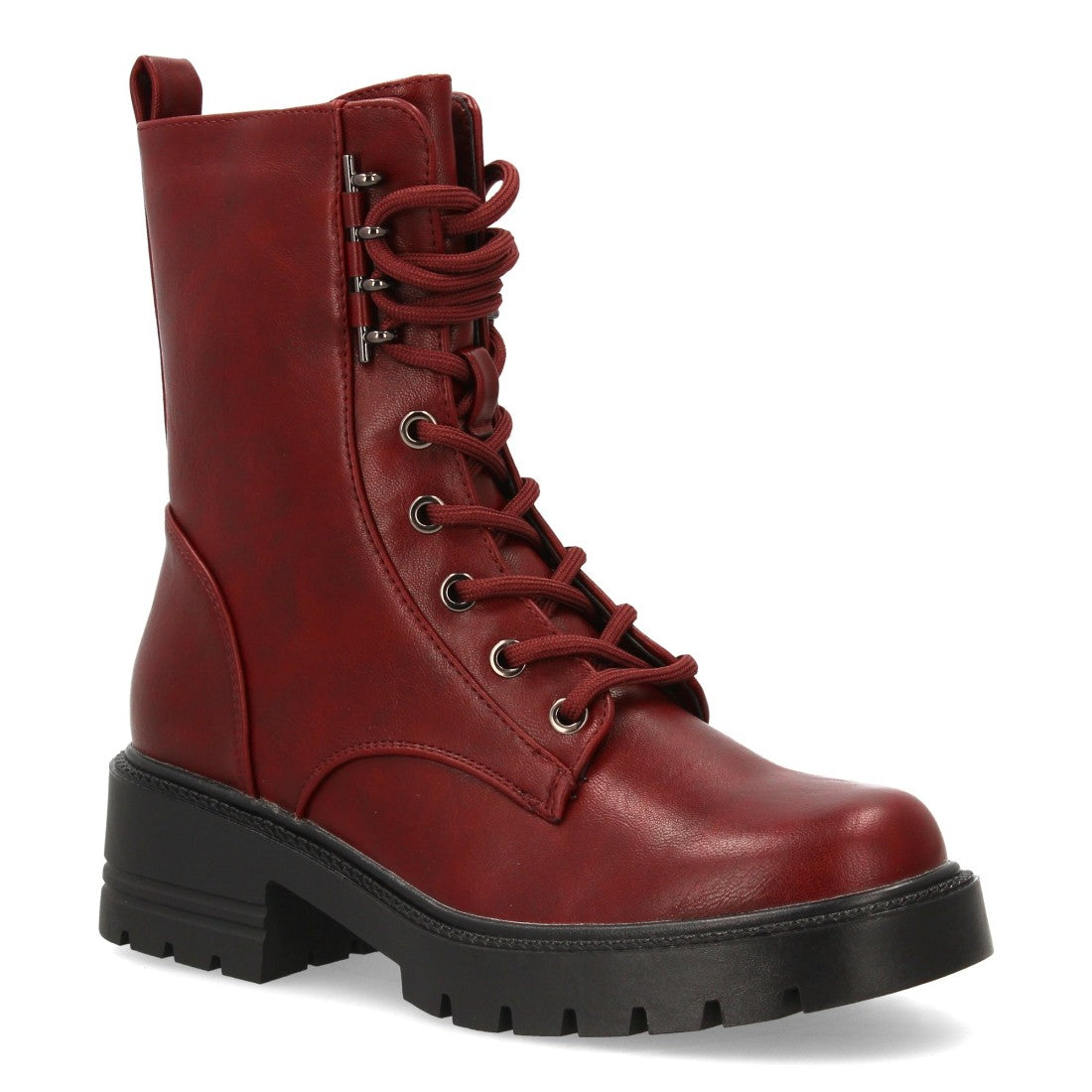 Bordeauxfarbene Militärstiefel mit Schnürsenkeln und dicker Sohle