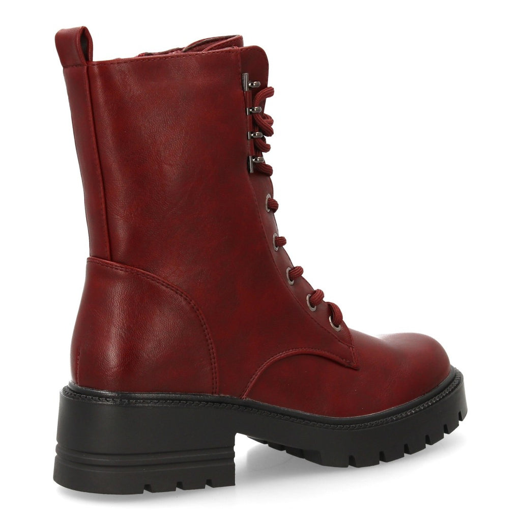 Bordeauxfarbene Militärstiefel mit Schnürsenkeln und dicker Sohle