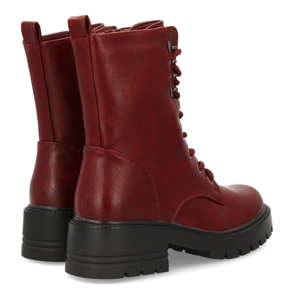 Bordeauxfarbene Militärstiefel mit Schnürsenkeln und dicker Sohle
