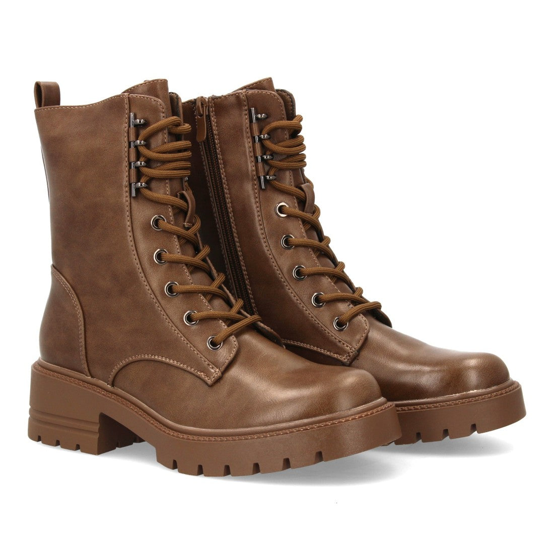 Khakifarbene Militärstiefel mit Schnürsenkeln und dicker Sohle