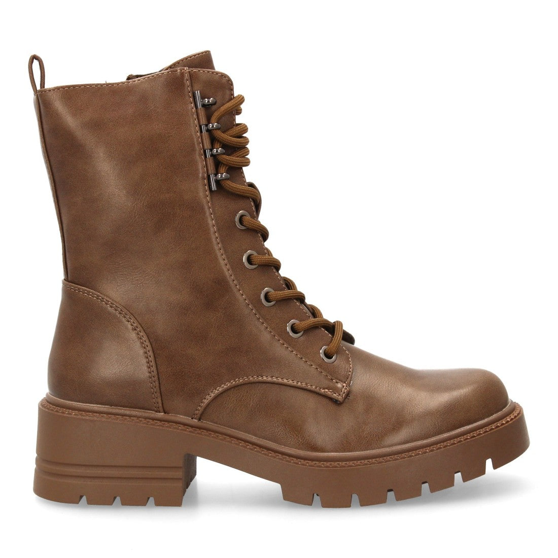 Khakifarbene Militärstiefel mit Schnürsenkeln und dicker Sohle