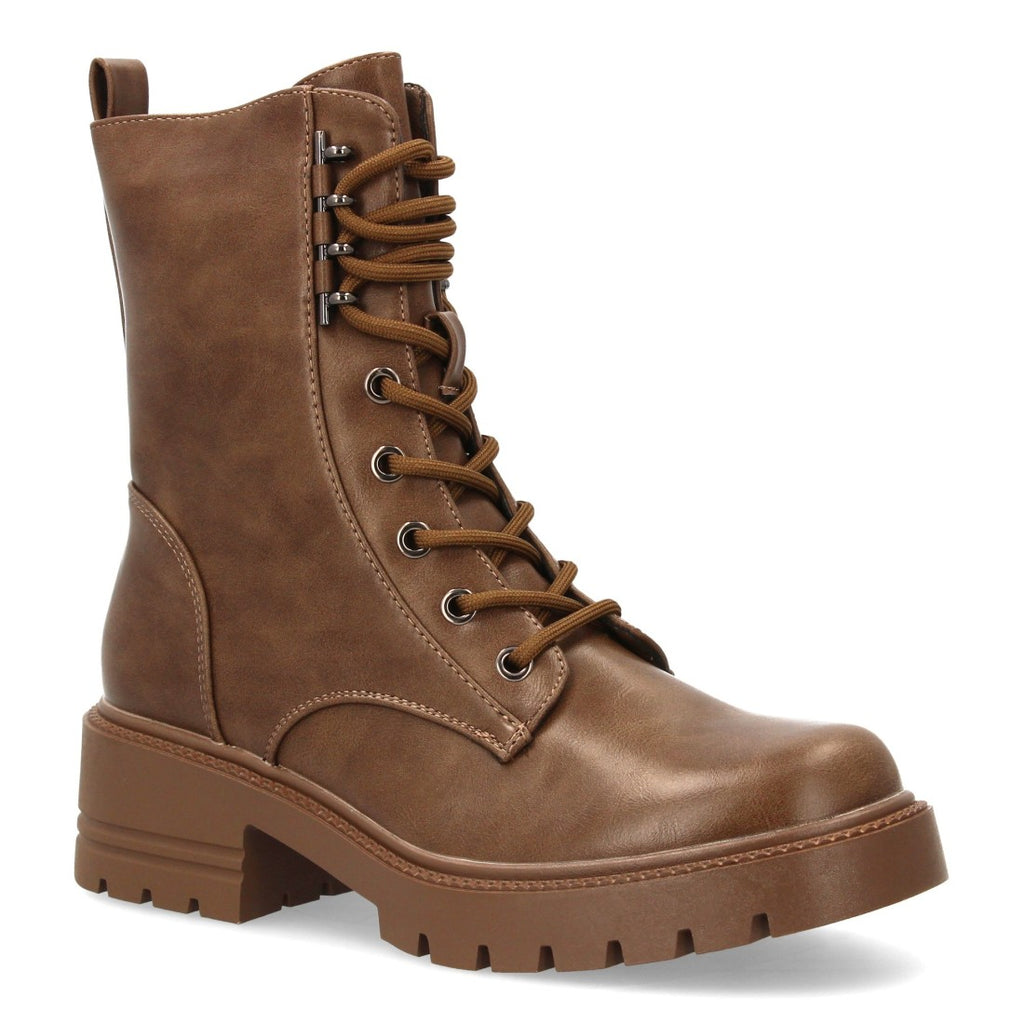 Khakifarbene Militärstiefel mit Schnürsenkeln und dicker Sohle