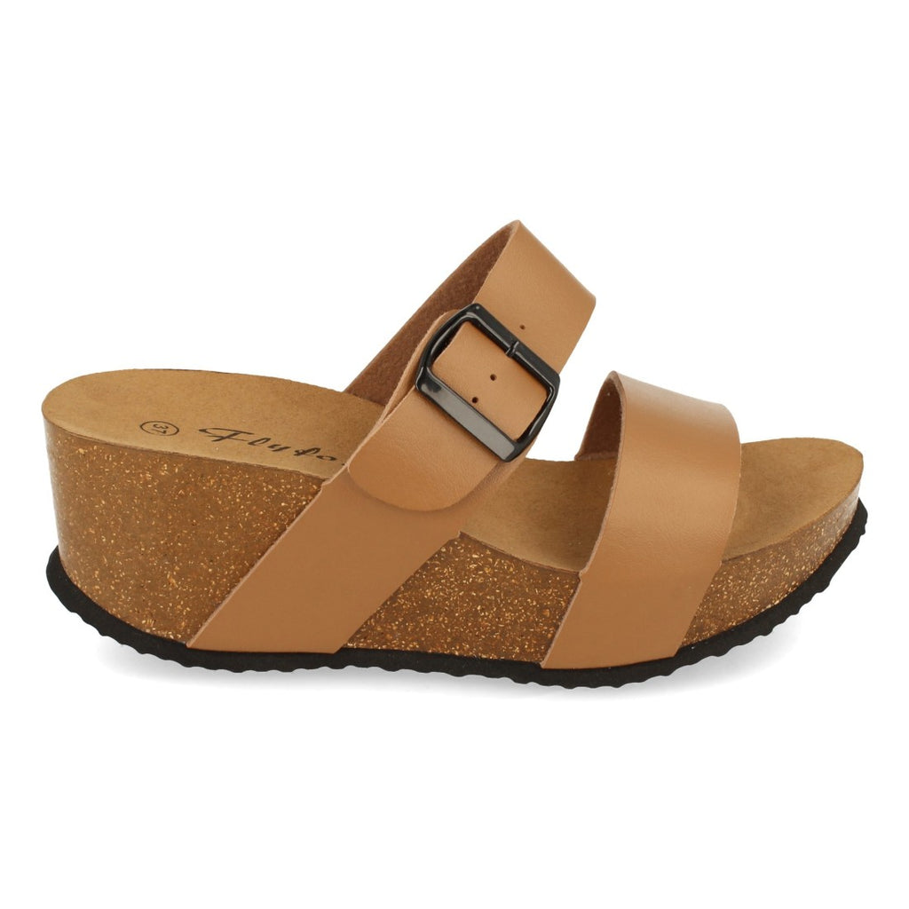 Sandalias Taupe Mujer Bio Cuña Pala Fina Hebilla Tacón Elegantes