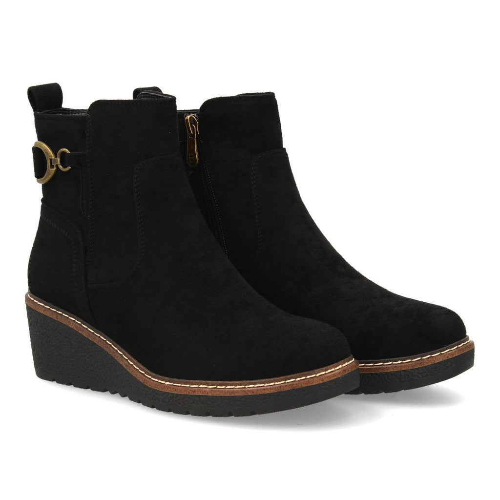 Botines Cuña Negro con Adorno Metálico Lateral y Cremallera