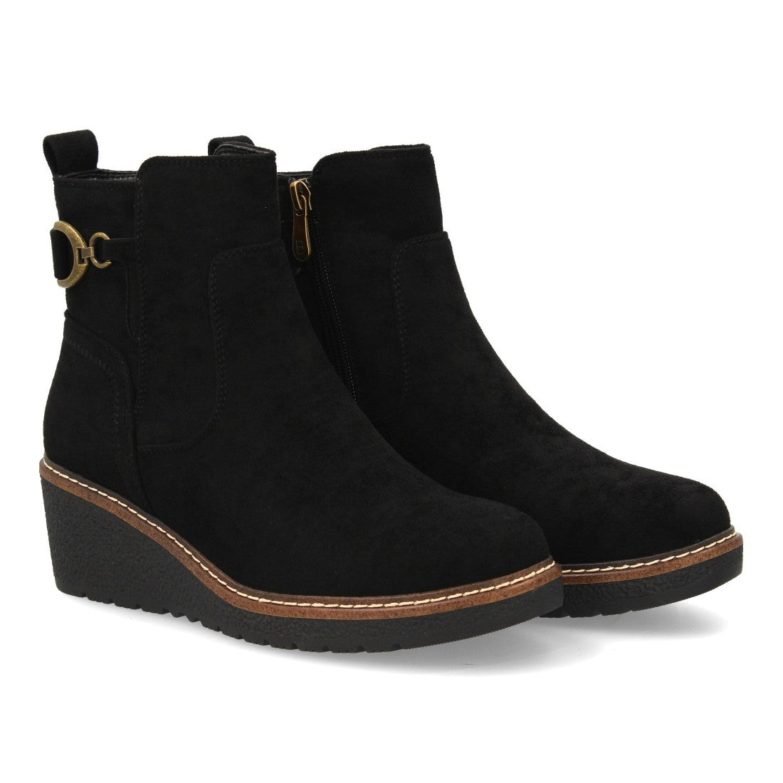 Botines Cuña Negro con Adorno Metálico Lateral y Cremallera