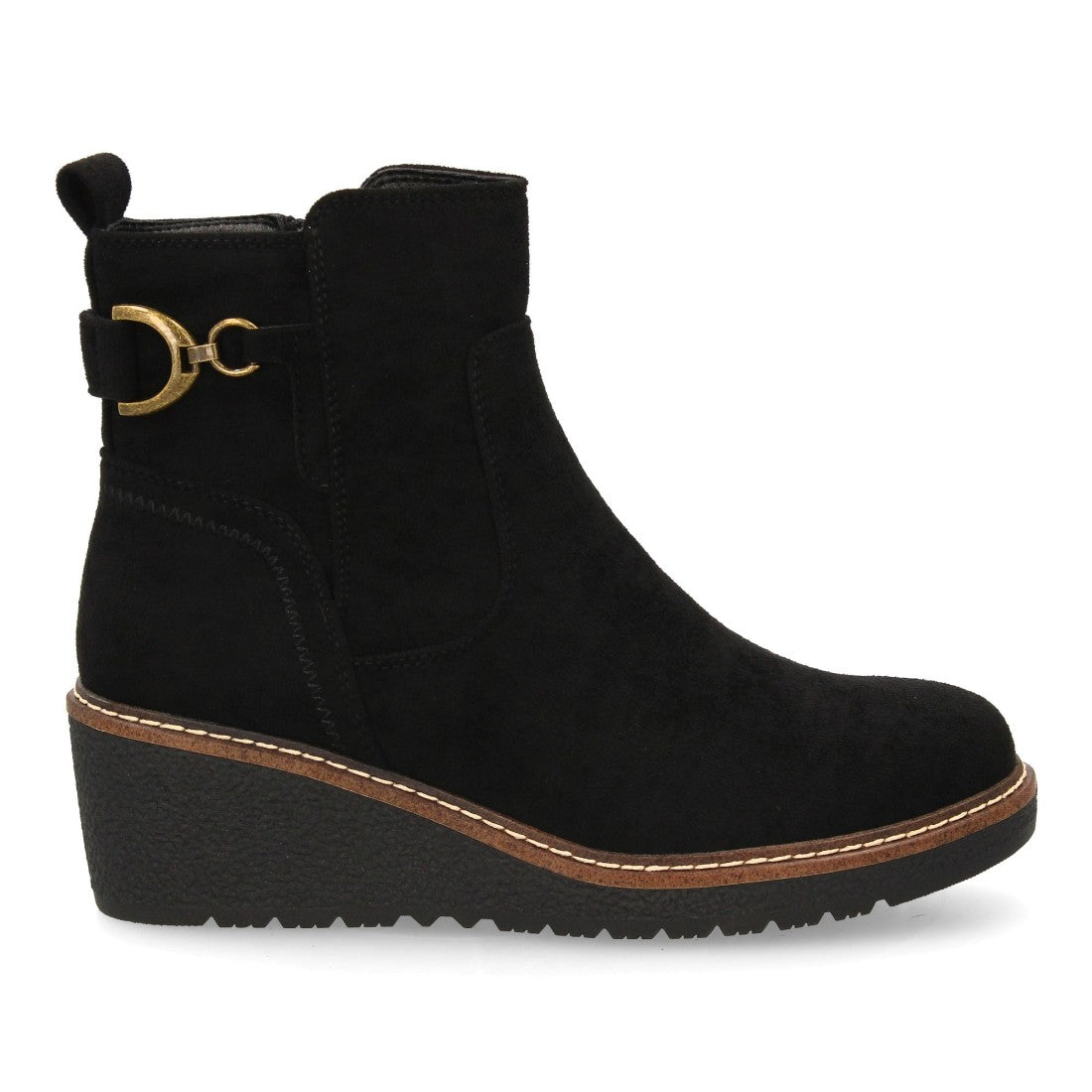 Botines Cuña Negro con Adorno Metálico Lateral y Cremallera