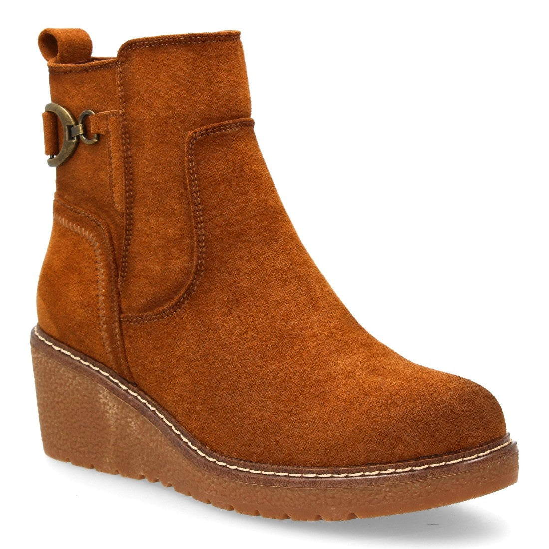 Botines Cuña Camel con Adorno Metálico Lateral y Cremallera