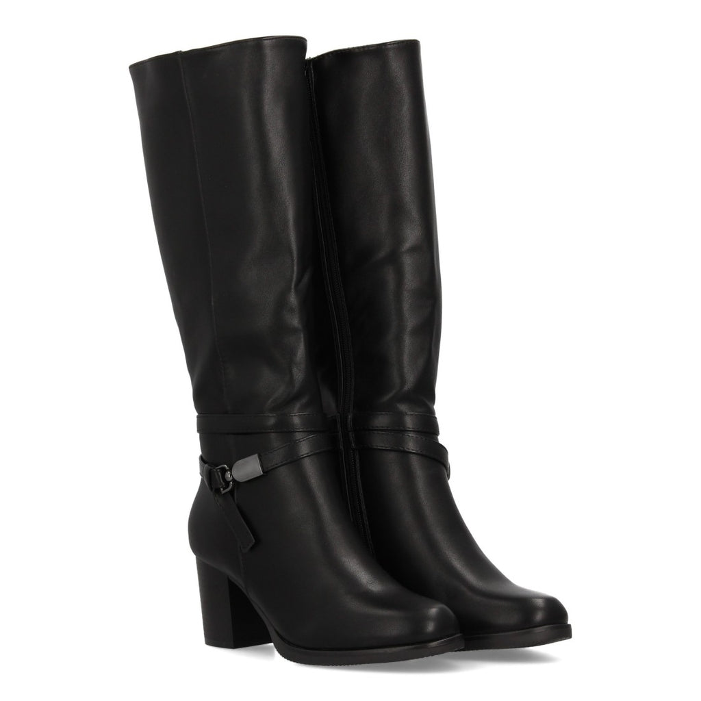 Schwarze kniehohe Stiefel mit mittelhohem Absatz und Knöchelriemen