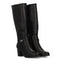 Schwarze kniehohe Stiefel mit mittelhohem Absatz und Knöchelriemen