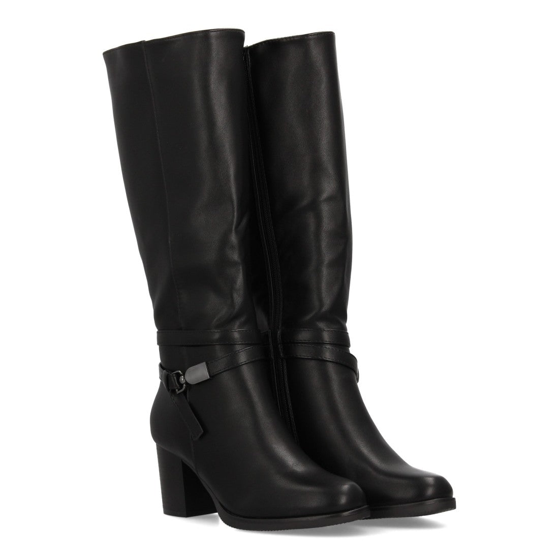 Schwarze kniehohe Stiefel mit mittelhohem Absatz und Knöchelriemen