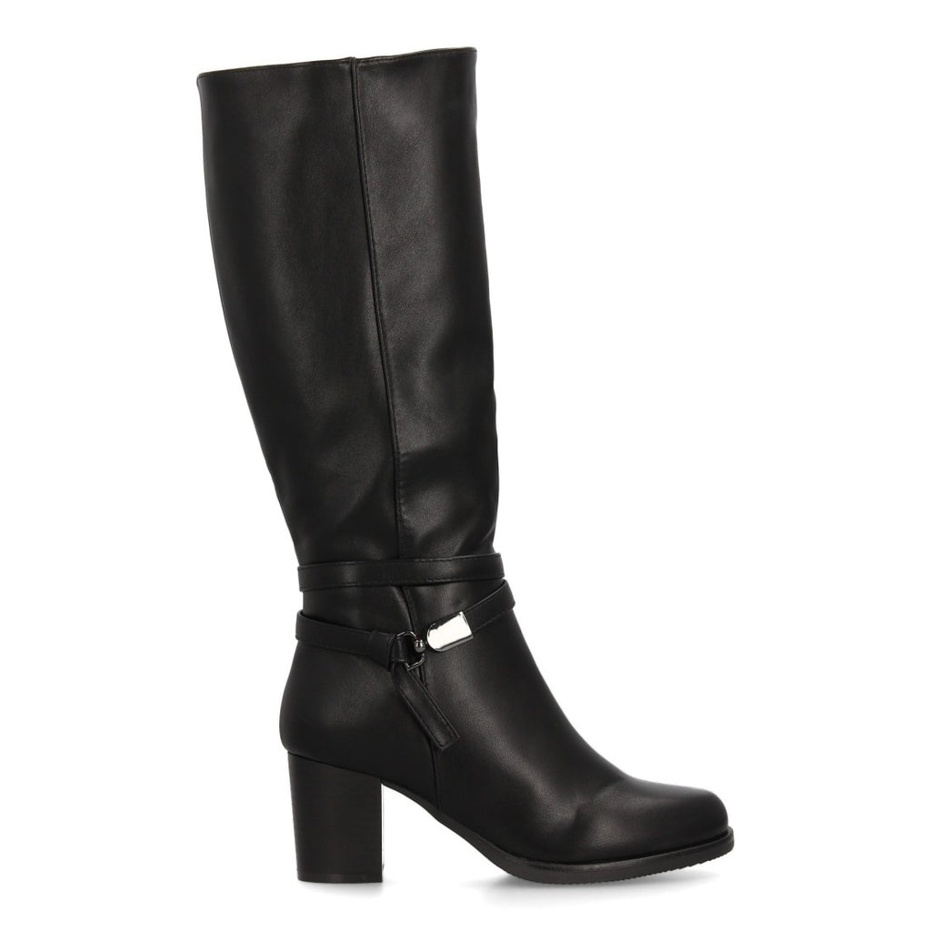 Schwarze kniehohe Stiefel mit mittelhohem Absatz und Knöchelriemen