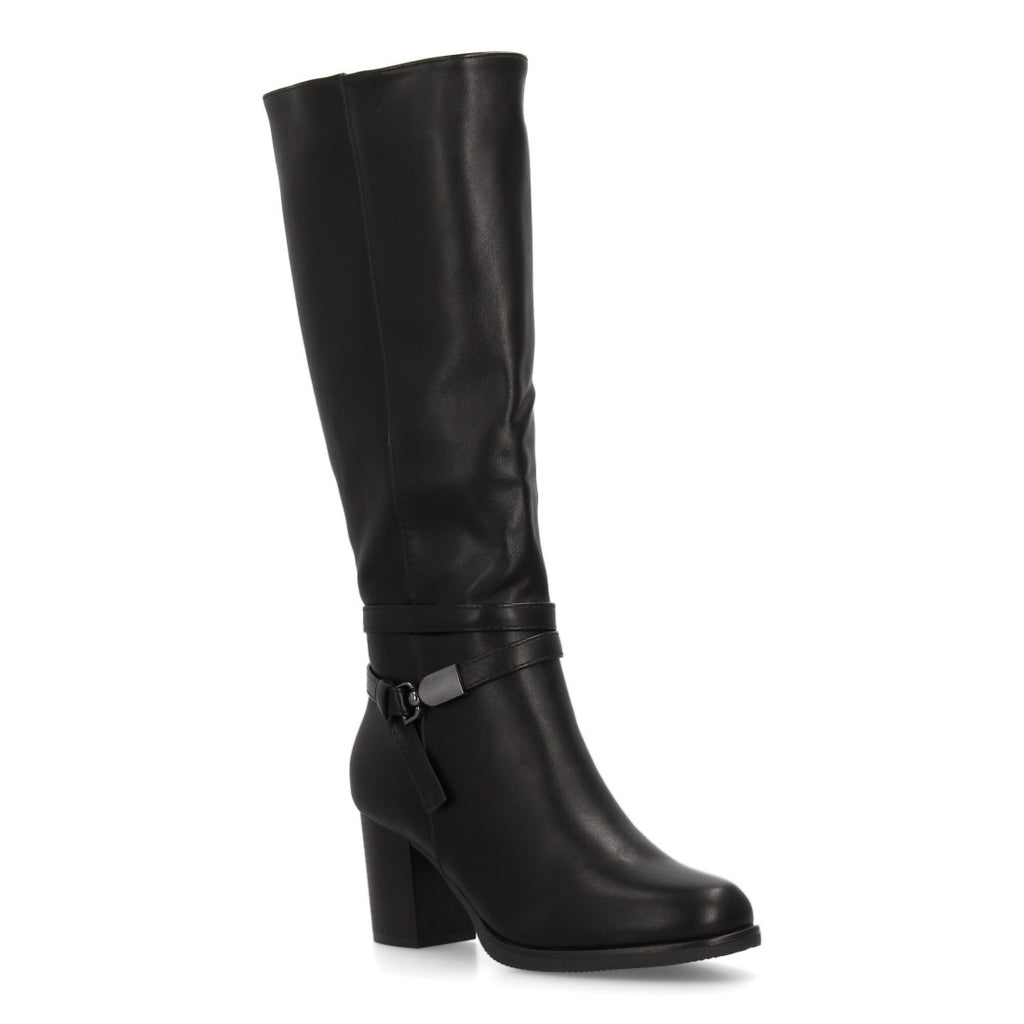 Schwarze kniehohe Stiefel mit mittelhohem Absatz und Knöchelriemen